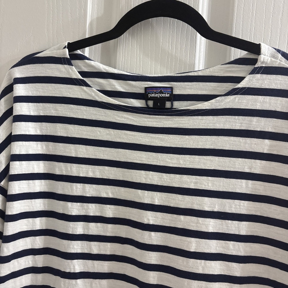 Patagonia Seatoller Dress Blue White Nautical Stripes 3/4 sleeve Size L - Picture 2 of 5